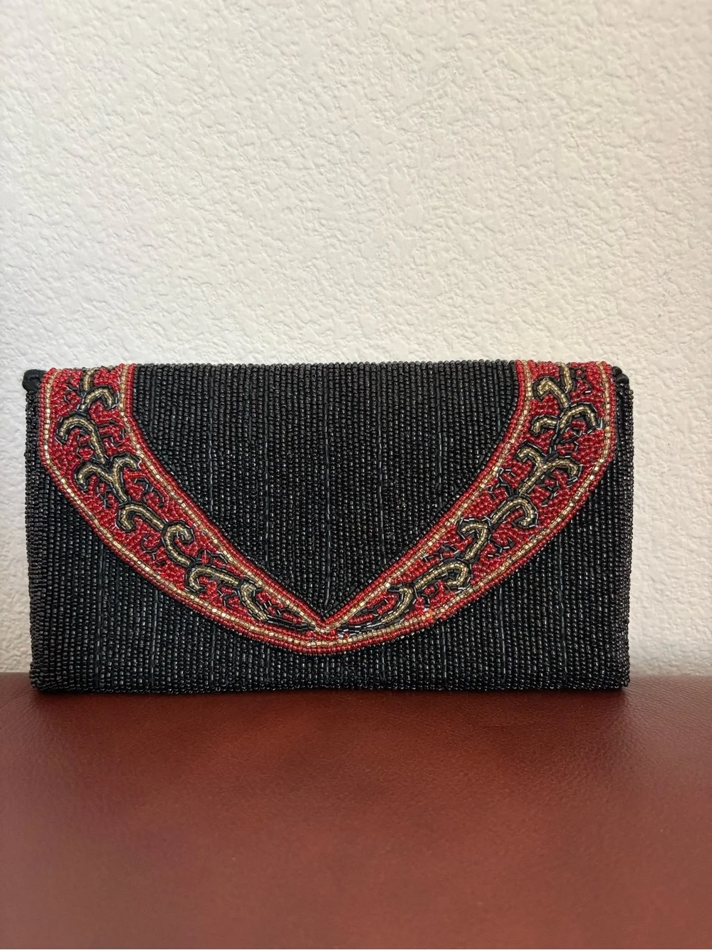 Beaded Black Evening Clutch with Red Embellished Trim